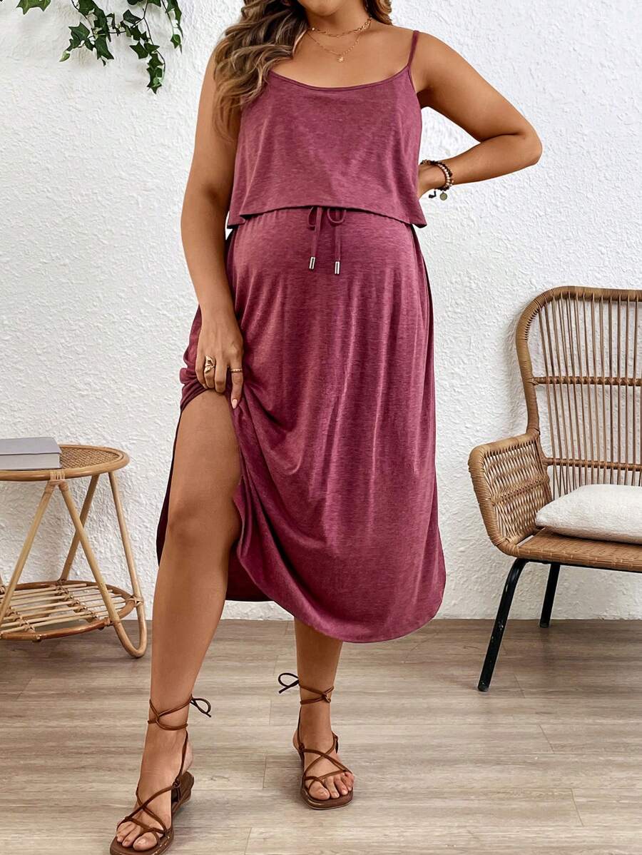 Maternity Spaghetti Strap Midi Dress - Backless, High Waist, Burgundy