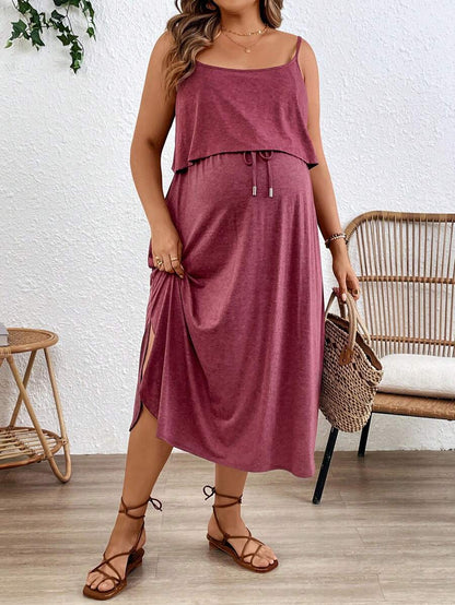 Maternity Spaghetti Strap Midi Dress - Backless, High Waist, Burgundy