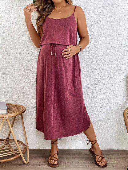 Maternity Spaghetti Strap Midi Dress - Backless, High Waist, Burgundy