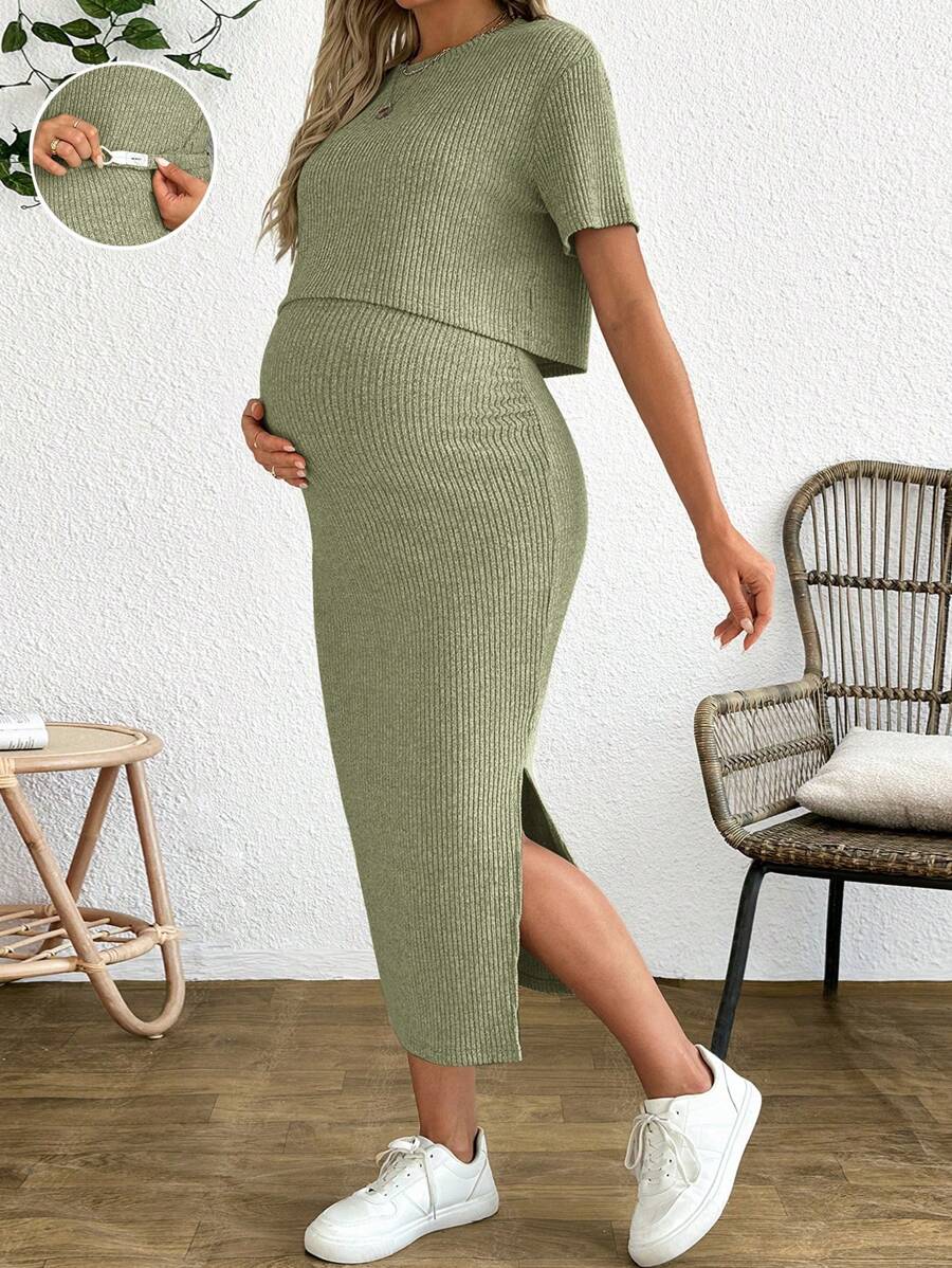 Maternity 2-Piece Set - Round Neck Crop Tee & Split Long Skirt, Apricot
