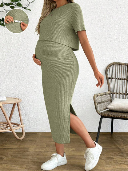 Maternity 2 Piece Set - Solid Color Short Sleeve Top and Skirt Summer Casual, Pregnancy Loungewear