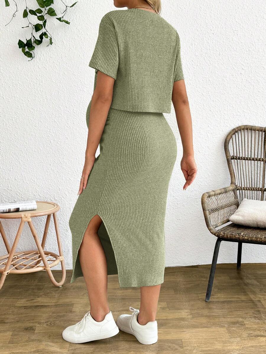 Maternity 2 Piece Set - Solid Color Short Sleeve Top and Skirt Summer Casual, Pregnancy Loungewear