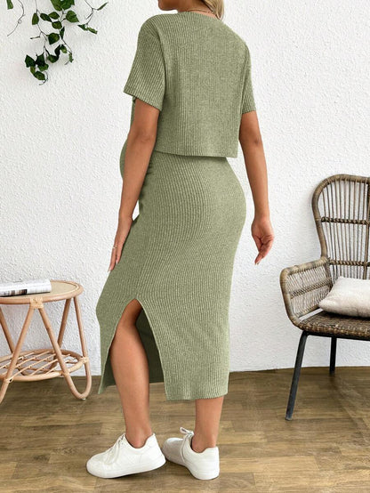 Maternity 2-Piece Set - Round Neck Crop Tee & Split Long Skirt, Apricot