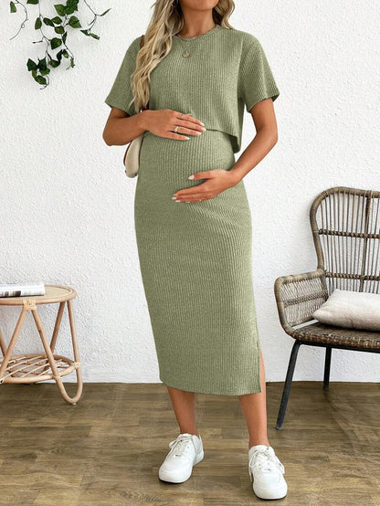 Maternity 2-Piece Set - Round Neck Crop Tee & Split Long Skirt, Apricot