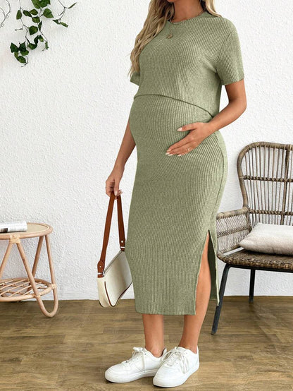 Maternity 2 Piece Set - Solid Color Short Sleeve Top and Skirt Summer Casual, Pregnancy Loungewear