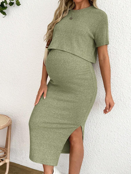 Maternity 2 Piece Set - Solid Color Short Sleeve Top and Skirt Summer Casual, Pregnancy Loungewear