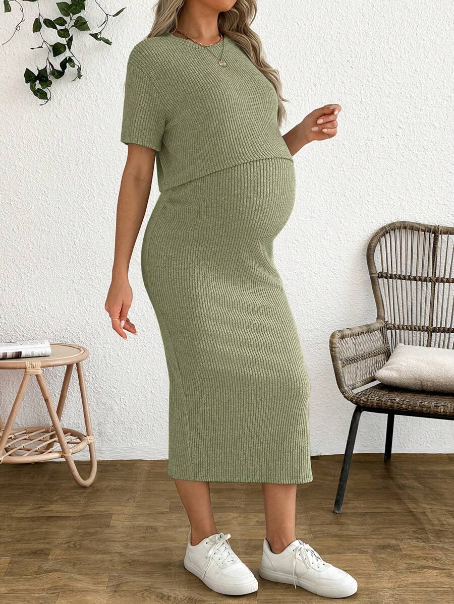 Maternity 2-Piece Set - Round Neck Crop Tee & Split Long Skirt, Apricot