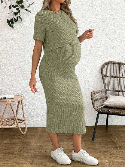 Maternity 2-Piece Set - Round Neck Crop Tee & Split Long Skirt, Apricot