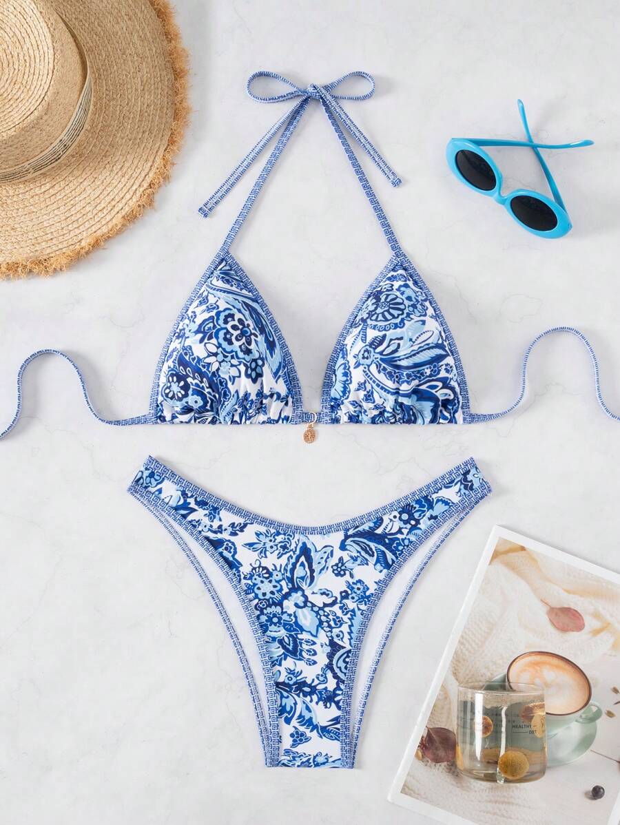 Women's 2-Piece Boho Halter Bikini Set - Tie Detail, High Cut, Floral Print, Green
