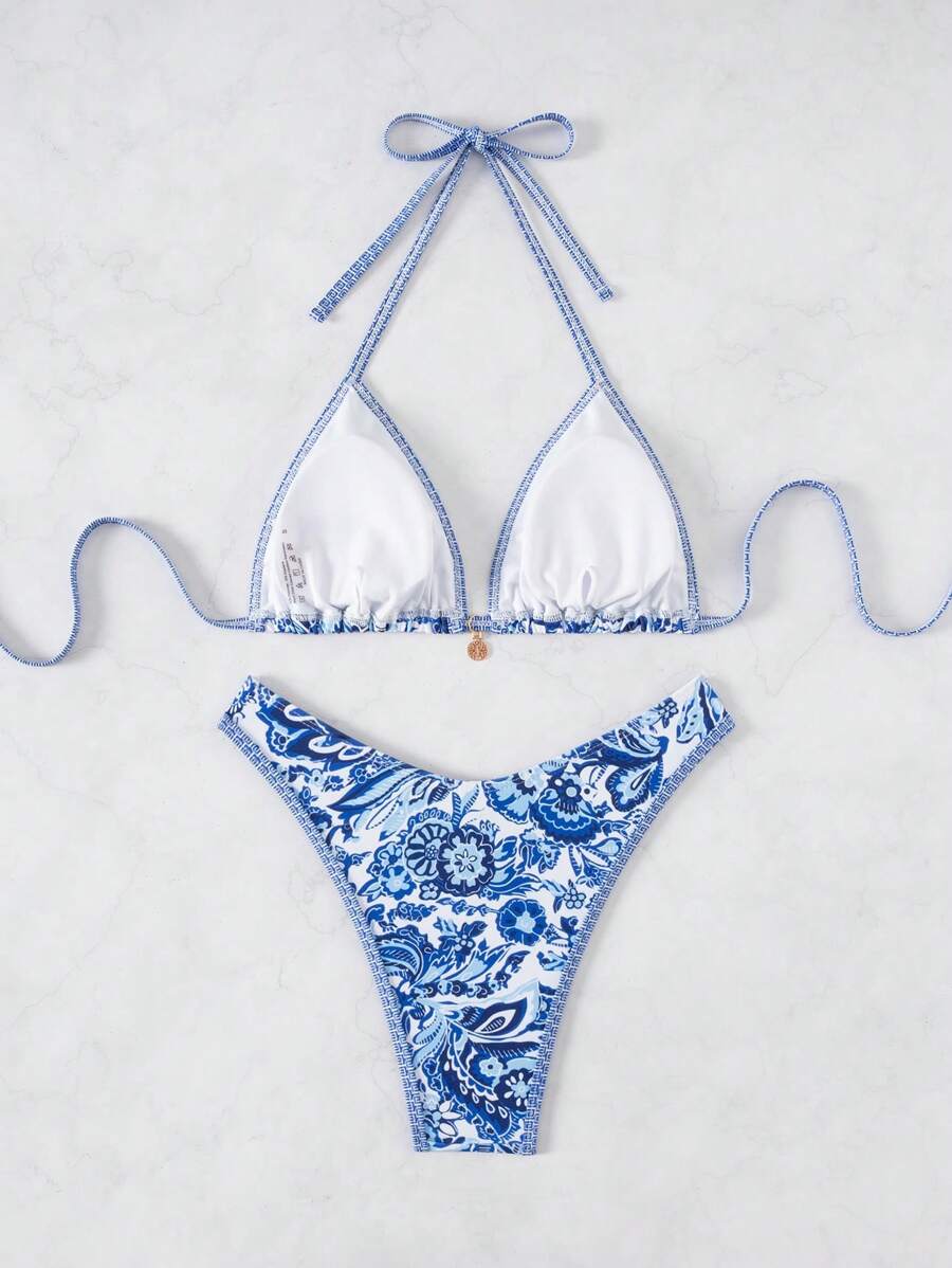 Women's 2-Piece Boho Halter Bikini Set - Tie Detail, High Cut, Floral Print, Green
