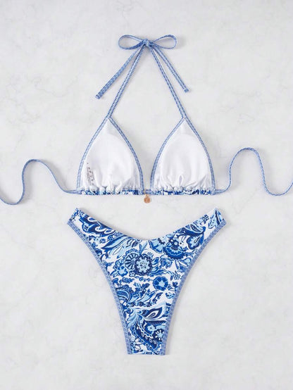 Women's 2-Piece Boho Halter Bikini Set - Tie Detail, High Cut, Floral Print, Green