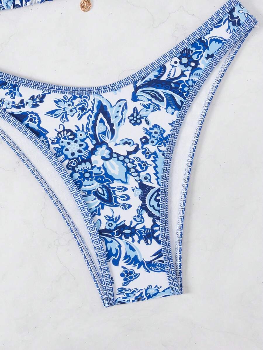 Women's 2-Piece Boho Halter Bikini Set - Tie Detail, High Cut, Floral Print, Green