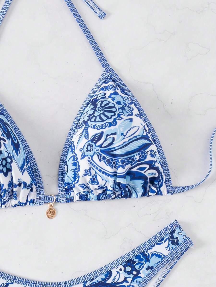 Women's 2-Piece Boho Halter Bikini Set - Tie Detail, High Cut, Floral Print, Green