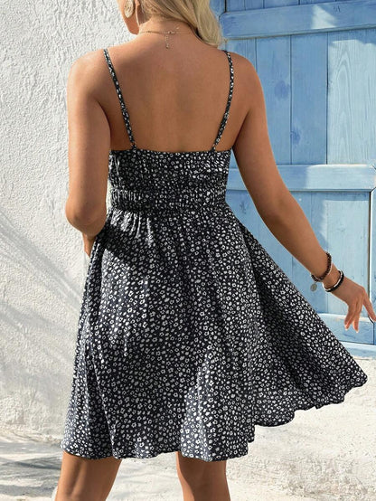 Green Ditsy Floral Maternity Cami Dress - Boho Spaghetti Strap High Waist Flared Knee Length Vacation Sundress