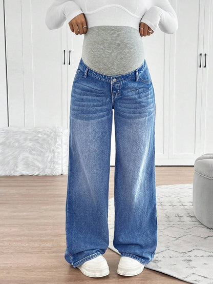 Maternity High Waist Washed Wide Leg Denim Jeans – Blue Patchwork Loose Fit Y2K Streetwear Pants for Daily Commute & Casual Chic