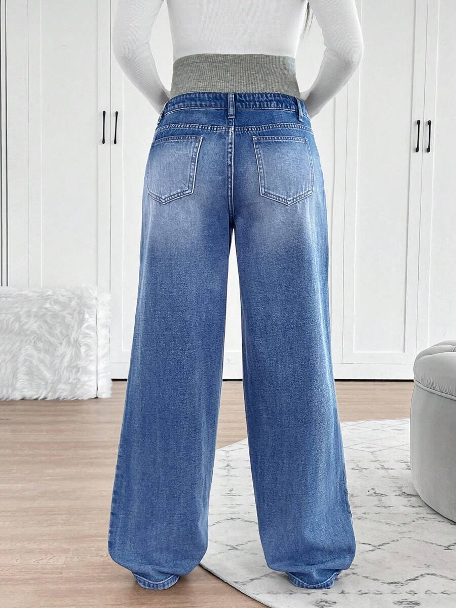 Maternity High Waist Washed Wide Leg Denim Jeans – Blue Patchwork Loose Fit Y2K Streetwear Pants for Daily Commute & Casual Chic