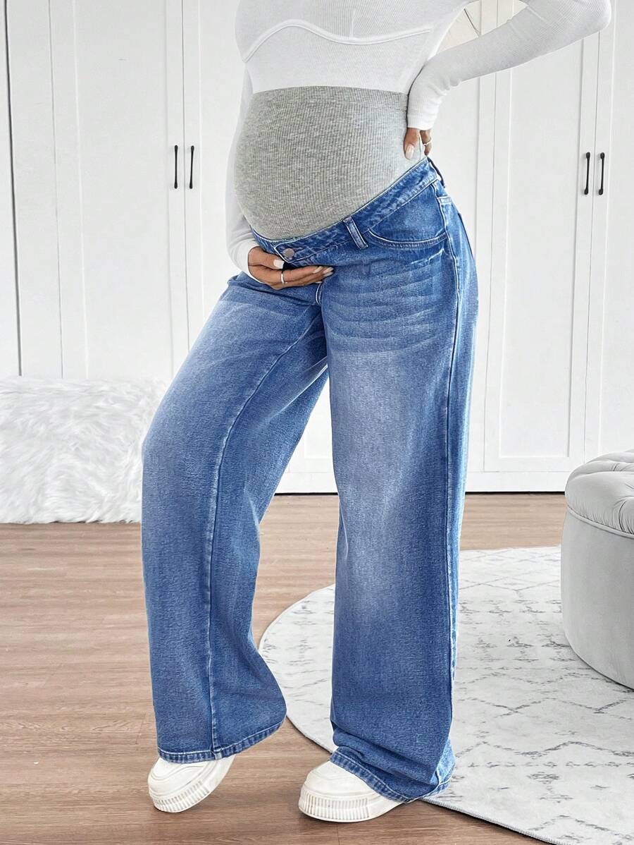 Maternity High Waist Washed Wide Leg Denim Jeans – Blue Patchwork Loose Fit Y2K Streetwear Pants for Daily Commute & Casual Chic
