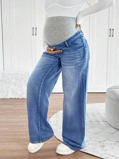 Maternity High Waist Washed Wide Leg Denim Jeans – Blue Patchwork Loose Fit Y2K Streetwear Pants for Daily Commute & Casual Chic