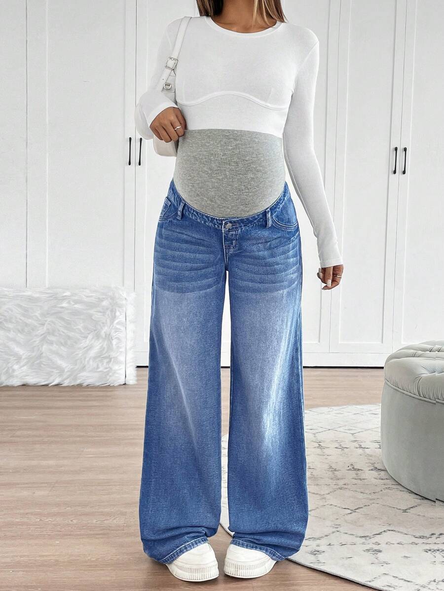 Maternity High Waist Washed Wide Leg Denim Jeans – Blue Patchwork Loose Fit Y2K Streetwear Pants for Daily Commute & Casual Chic