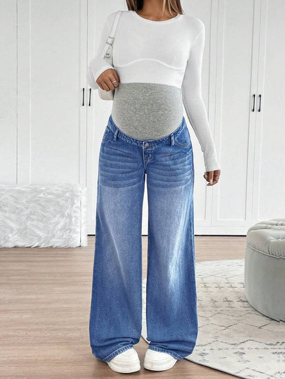 Maternity High Waist Washed Wide Leg Denim Jeans – Blue Patchwork Loose Fit Y2K Streetwear Pants for Daily Commute & Casual Chic