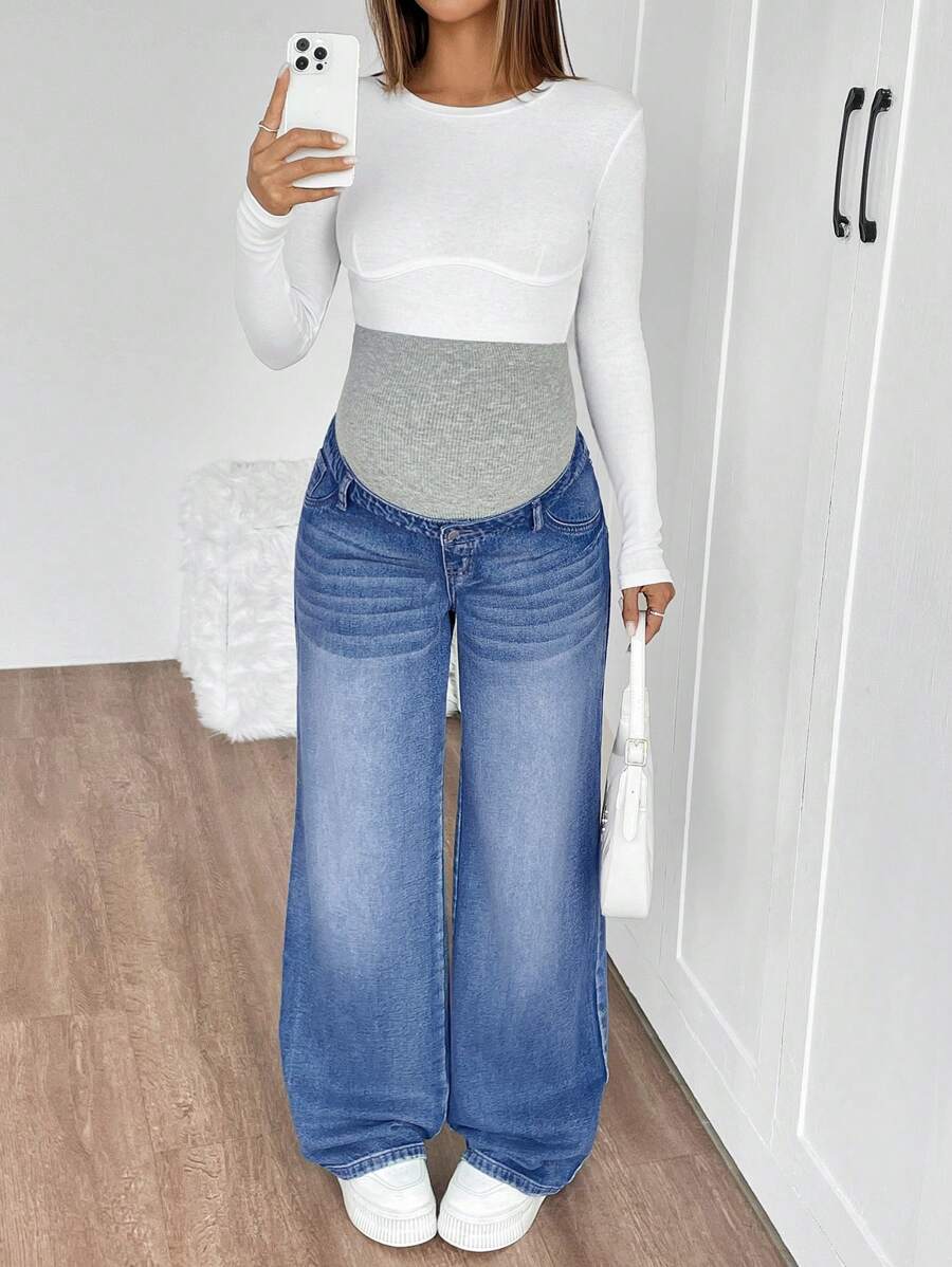 Maternity High Waist Washed Wide Leg Denim Jeans – Blue Patchwork Loose Fit Y2K Streetwear Pants for Daily Commute & Casual Chic