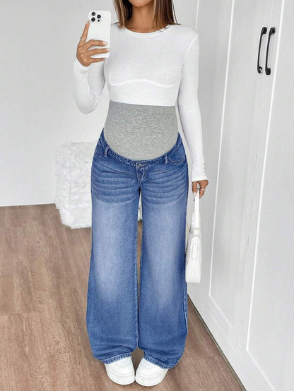 Maternity High Waist Washed Wide Leg Denim Jeans – Blue Patchwork Loose Fit Y2K Streetwear Pants for Daily Commute & Casual Chic