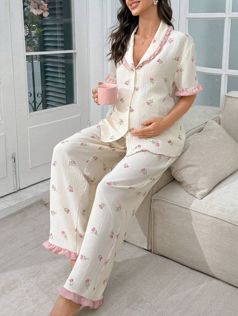 Maternity Floral Frill Trim Open Front Pajama Set Women Romantic Sleepwear Loungewear