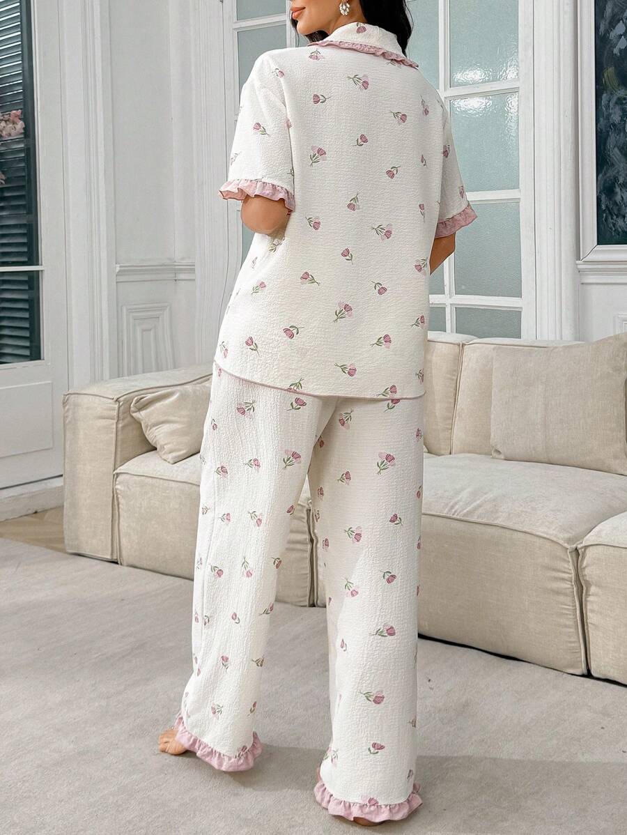 Maternity Floral Frill Trim Open Front Pajama Set Women Romantic Sleepwear Loungewear