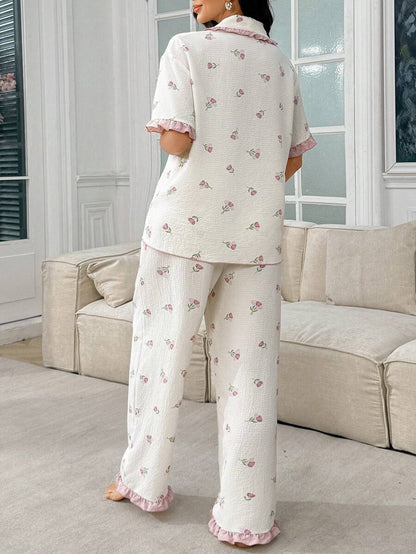 Maternity Floral Frill Trim Open Front Pajama Set Women Romantic Sleepwear Loungewear