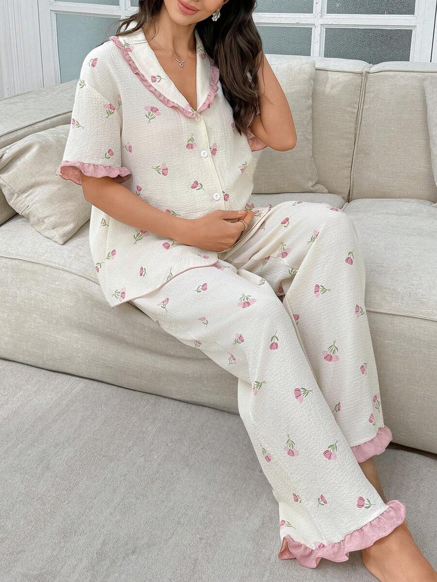 Maternity Floral Frill Trim Open Front Pajama Set Women Romantic Sleepwear Loungewear