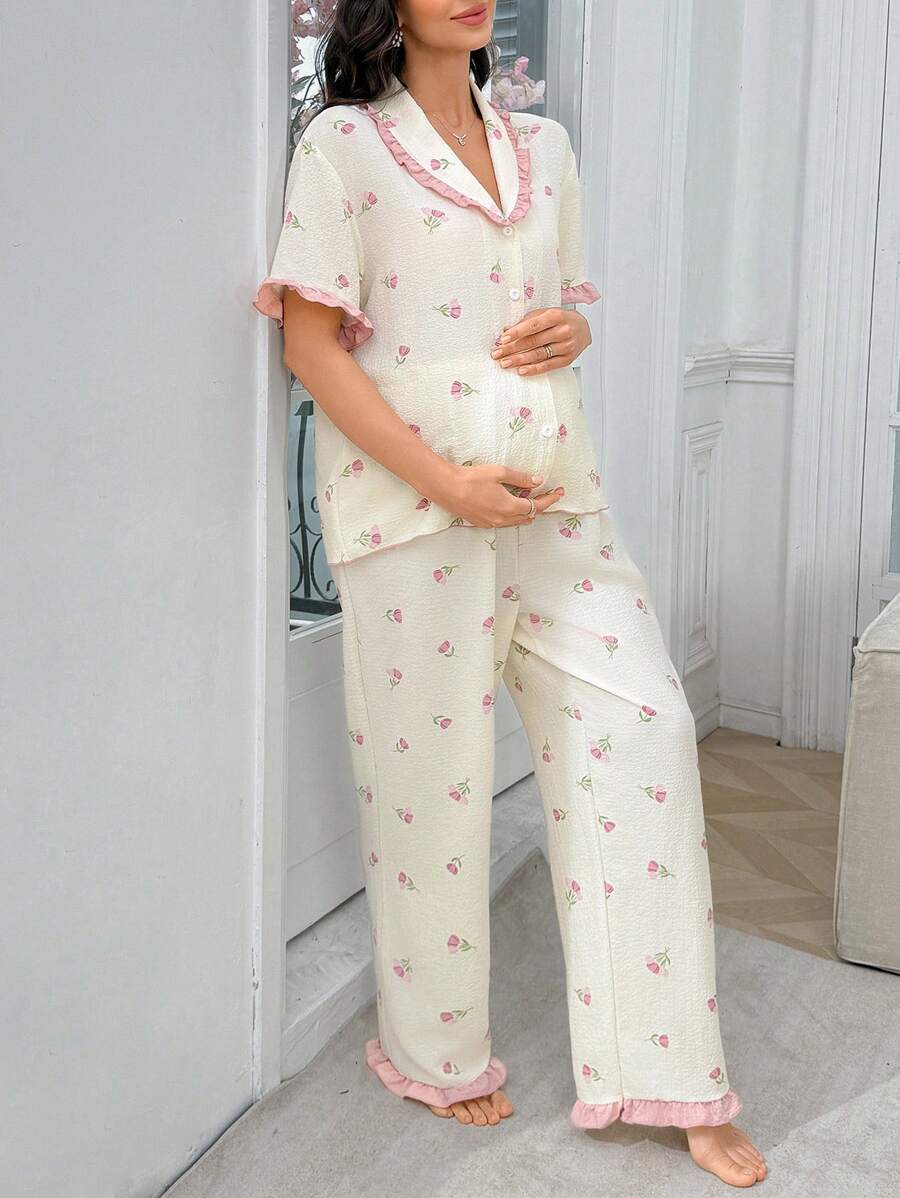Maternity Floral Frill Trim Open Front Pajama Set Women Romantic Sleepwear Loungewear