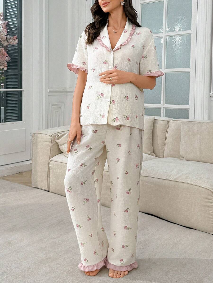 Maternity Floral Frill Trim Open Front Pajama Set Women Romantic Sleepwear Loungewear