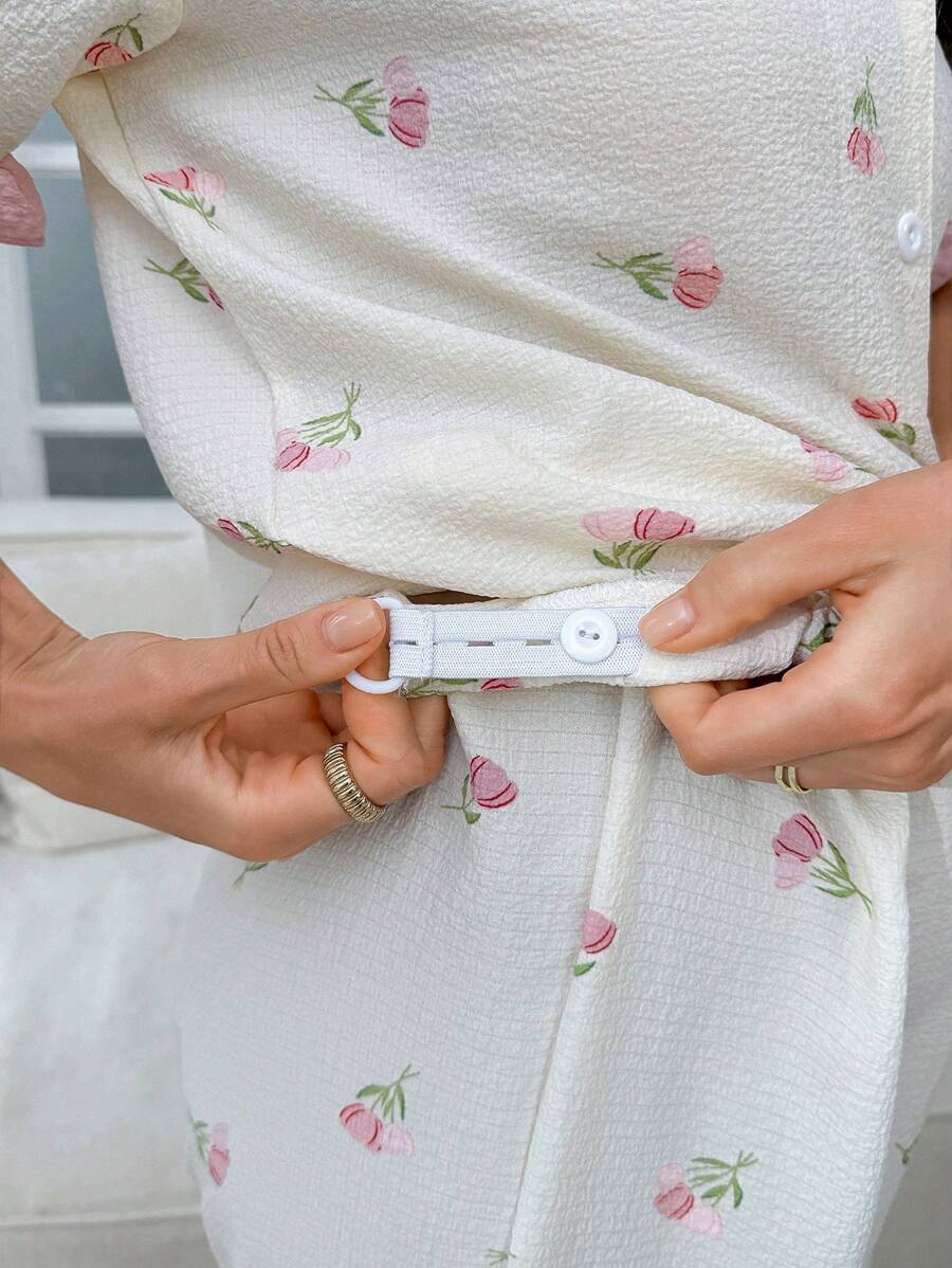 Maternity Floral Frill Trim Open Front Pajama Set Women Romantic Sleepwear Loungewear