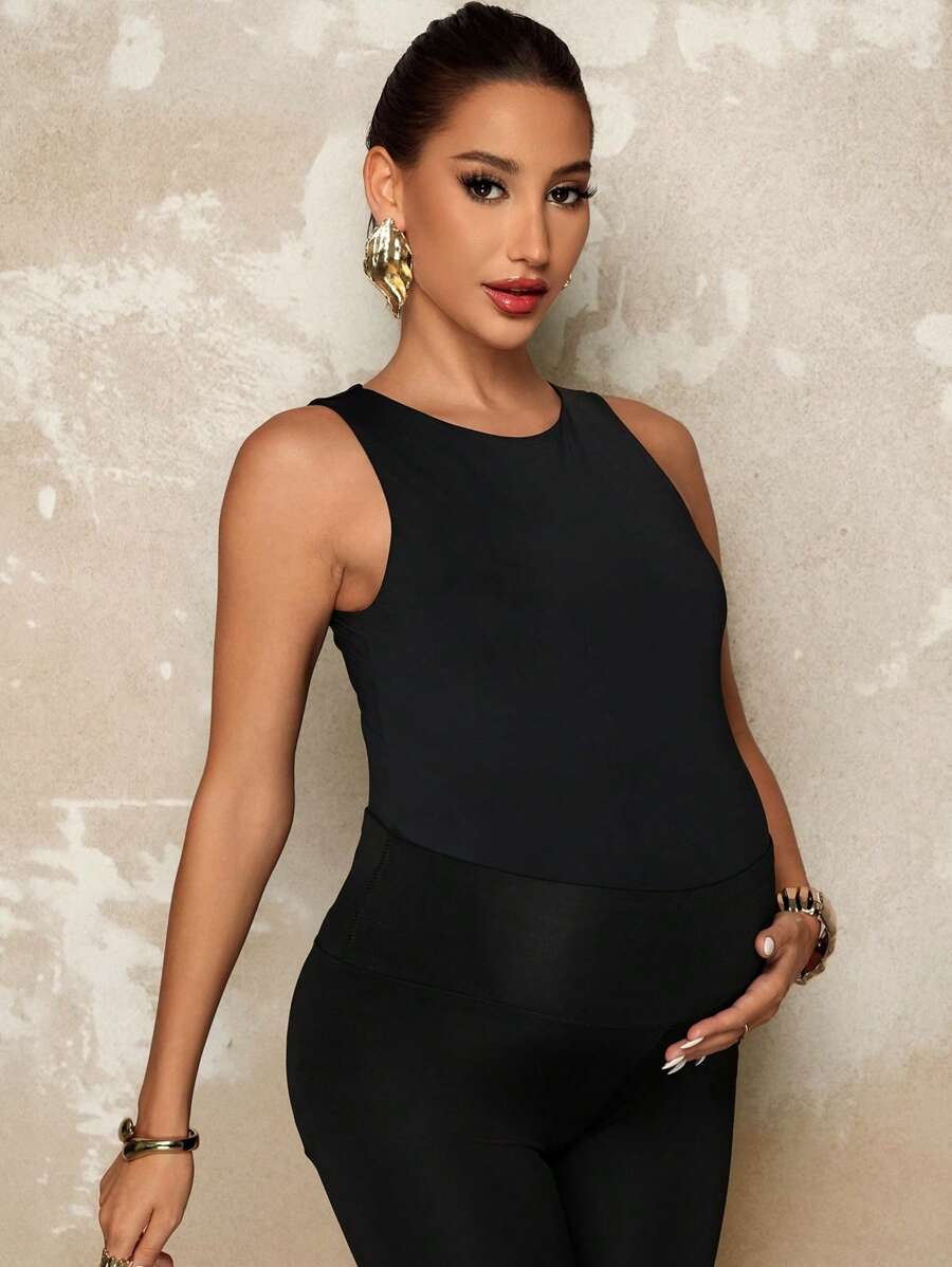 Maternity Solid Color Round Neck Casual Jumpsuit Summer Outfits