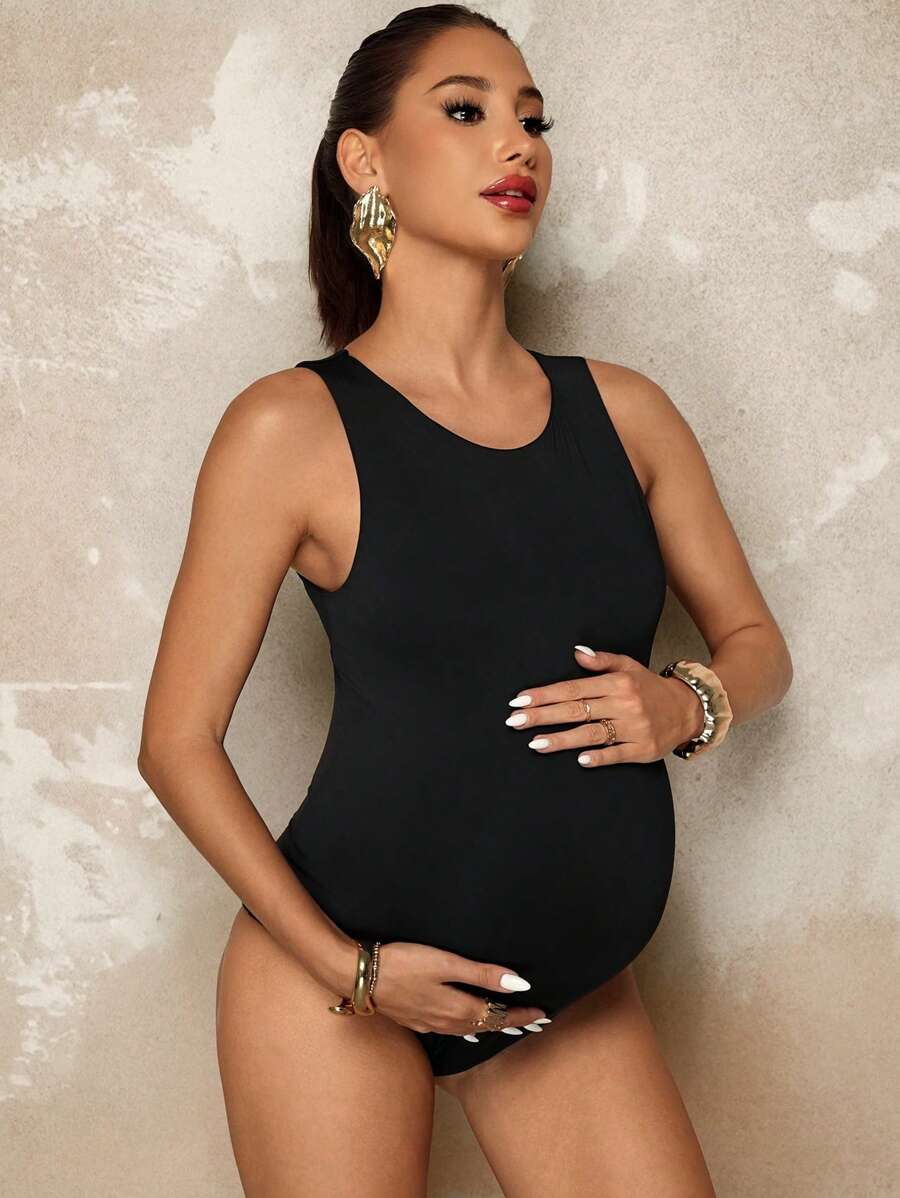 Maternity Solid Color Round Neck Casual Jumpsuit Summer Outfits