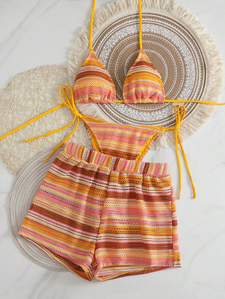 Women's 3-Piece Boho Crochet Bikini Set - Drawstring Cover-Up, Halter, Shorts, Royal Blue
