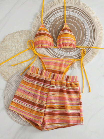 Women's 3-Piece Boho Crochet Bikini Set - Drawstring Cover-Up, Halter, Shorts, Royal Blue