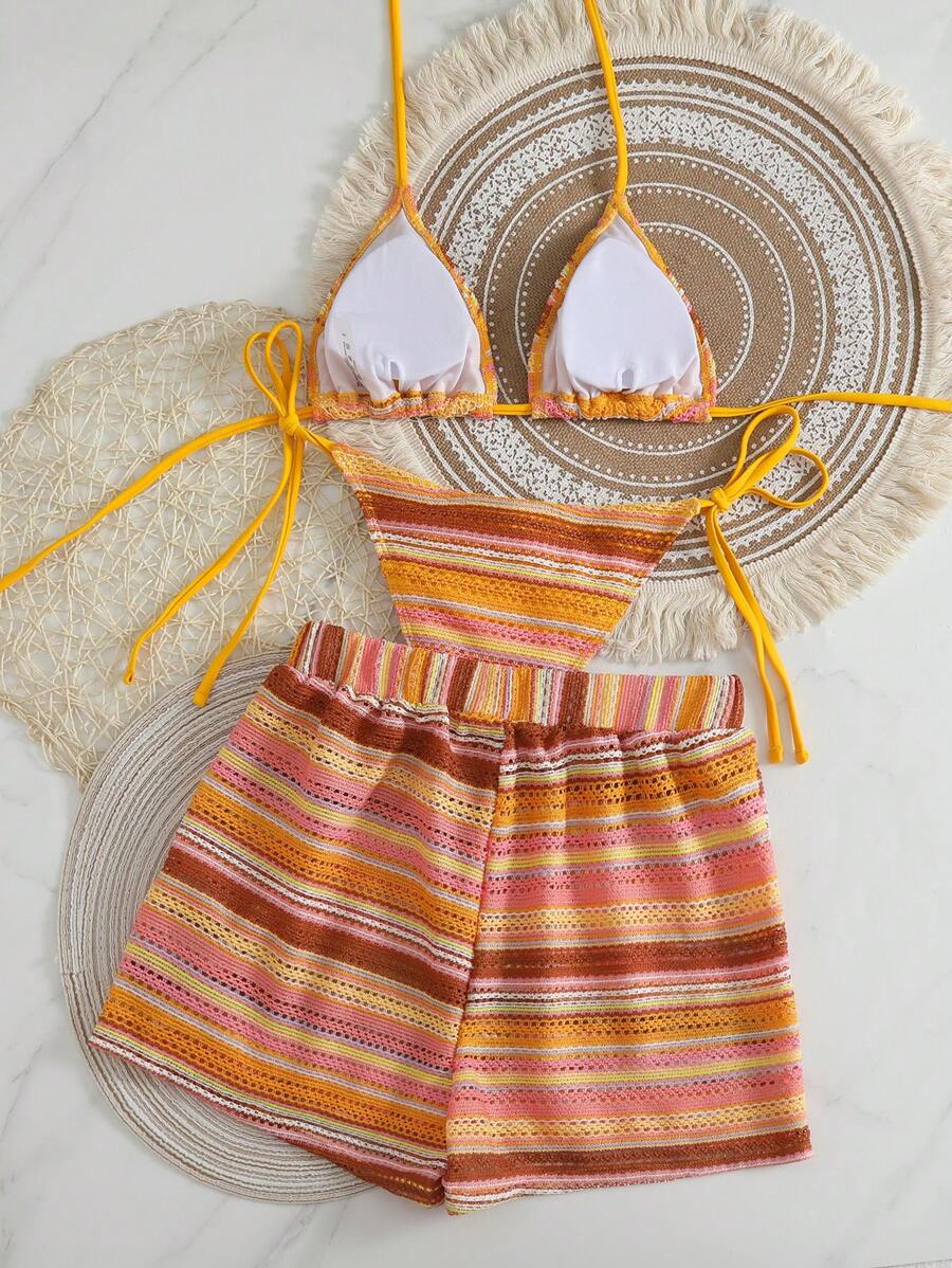 Women's 3-Piece Boho Crochet Bikini Set - Drawstring Cover-Up, Halter, Shorts, Royal Blue