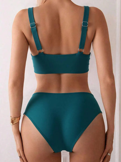 Women's 2-Piece Striped Bikini Set - Cross Wrap Bust, High Waist, Deep V Neck, Blue