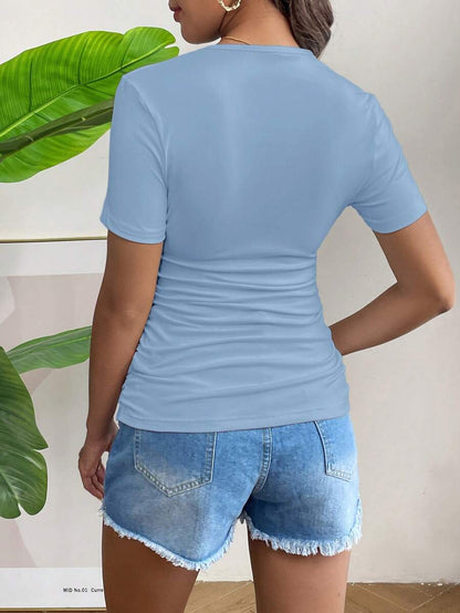 Maternity Short Sleeve Ruched Fitted T-Shirt in Mint Green, High Stretch Slim Fit Summer Pregnancy Top for Daily Wear