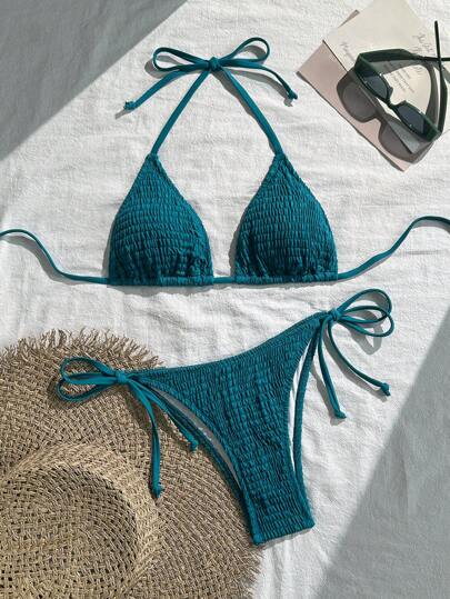 Swim Vcay Solid Color Halter Twist Bikini Two Pieces Swimwear, Suitable For Summer