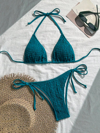 Swim Vcay Solid Color Halter Twist Bikini Two Pieces Swimwear, Suitable For Summer