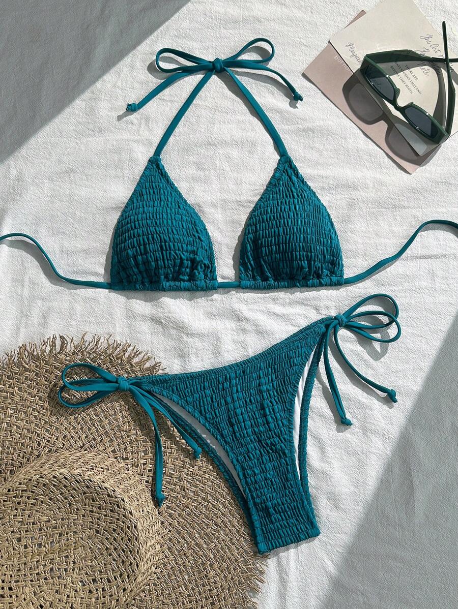Swim Vcay Solid Color Texture Split Bikini Set, Vacation Beach For Summer