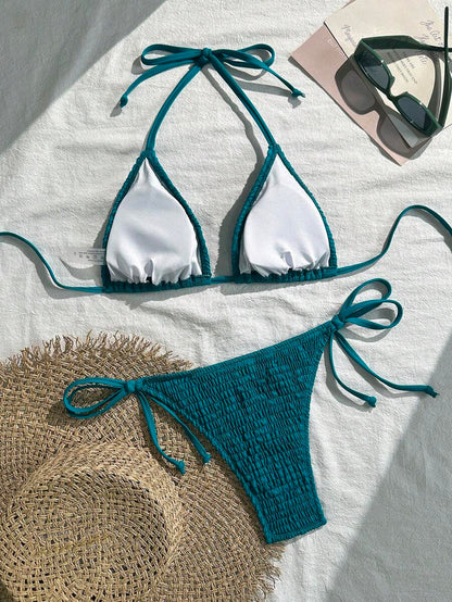 Swim Basics Women's Solid Color Halter Neck Sexy Bikini Set Bathing Suit For Summer Beach
