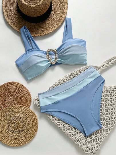 Swim Vcay Fashionable New Sexy Patchwork Color Block Thick Strap Top And High Waist Triangle Bottoms Bikini Swimsuit Set, Bodycon & Alluring For Summer Beach Vacation