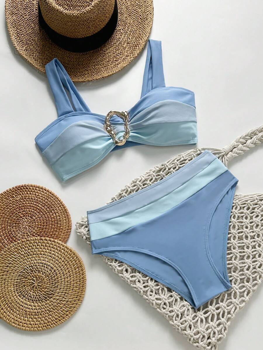 Swim Vcay Fashionable New Sexy Patchwork Color Block Thick Strap Top And High Waist Triangle Bottoms Bikini Swimsuit Set, Bodycon & Alluring For Summer Beach Vacation