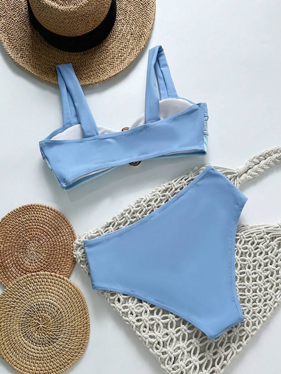 Swim Vcay Fashionable New Sexy Patchwork Color Block Thick Strap Top And High Waist Triangle Bottoms Bikini Swimsuit Set, Bodycon & Alluring For Summer Beach Vacation