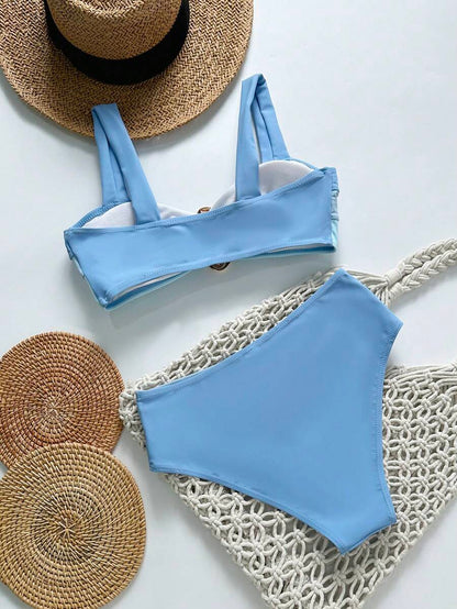 Swim Vcay Fashionable New Sexy Patchwork Color Block Thick Strap Top And High Waist Triangle Bottoms Bikini Swimsuit Set, Bodycon & Alluring For Summer Beach Vacation