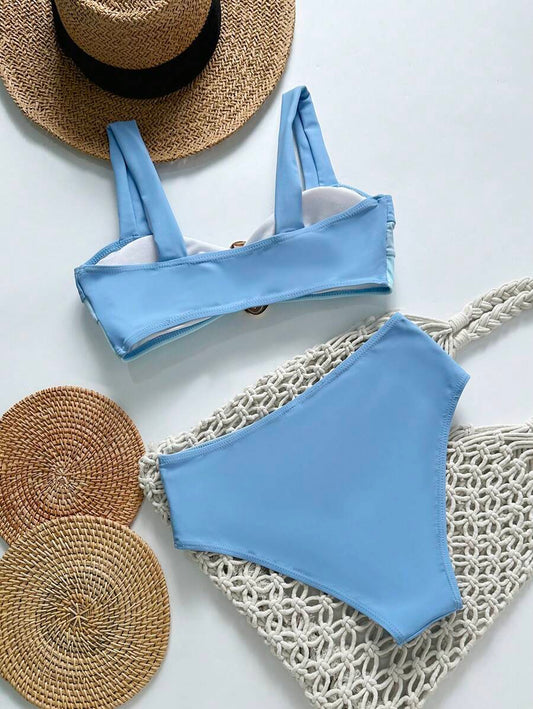 Swim Vcay Fashionable New Sexy Patchwork Color Block Thick Strap Top And High Waist Triangle Bottoms Bikini Swimsuit Set, Bodycon & Alluring For Summer Beach Vacation