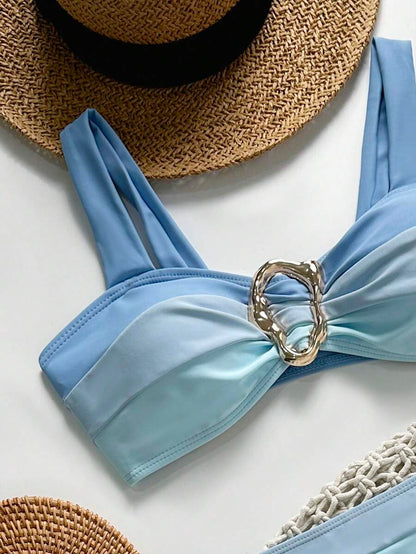 Swim Vcay Fashionable New Sexy Patchwork Color Block Thick Strap Top And High Waist Triangle Bottoms Bikini Swimsuit Set, Bodycon & Alluring For Summer Beach Vacation